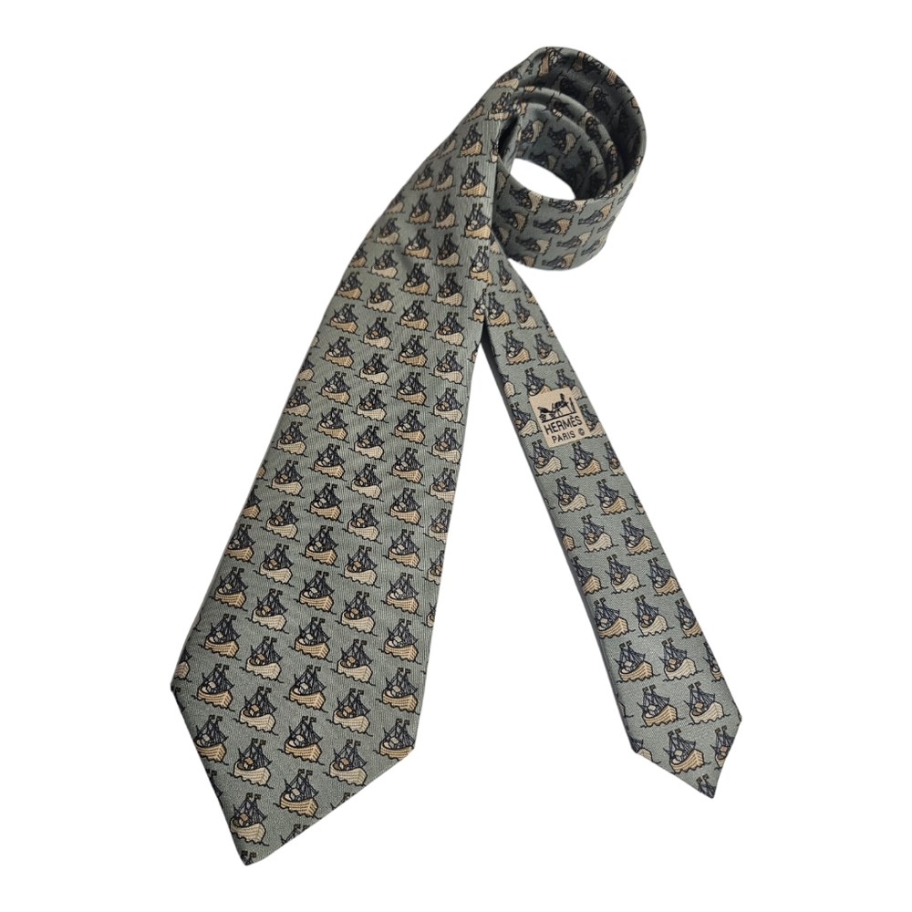 HERMÈS 7335 EA Gray Sail Boat Silk LUXURY Tie FRANCE